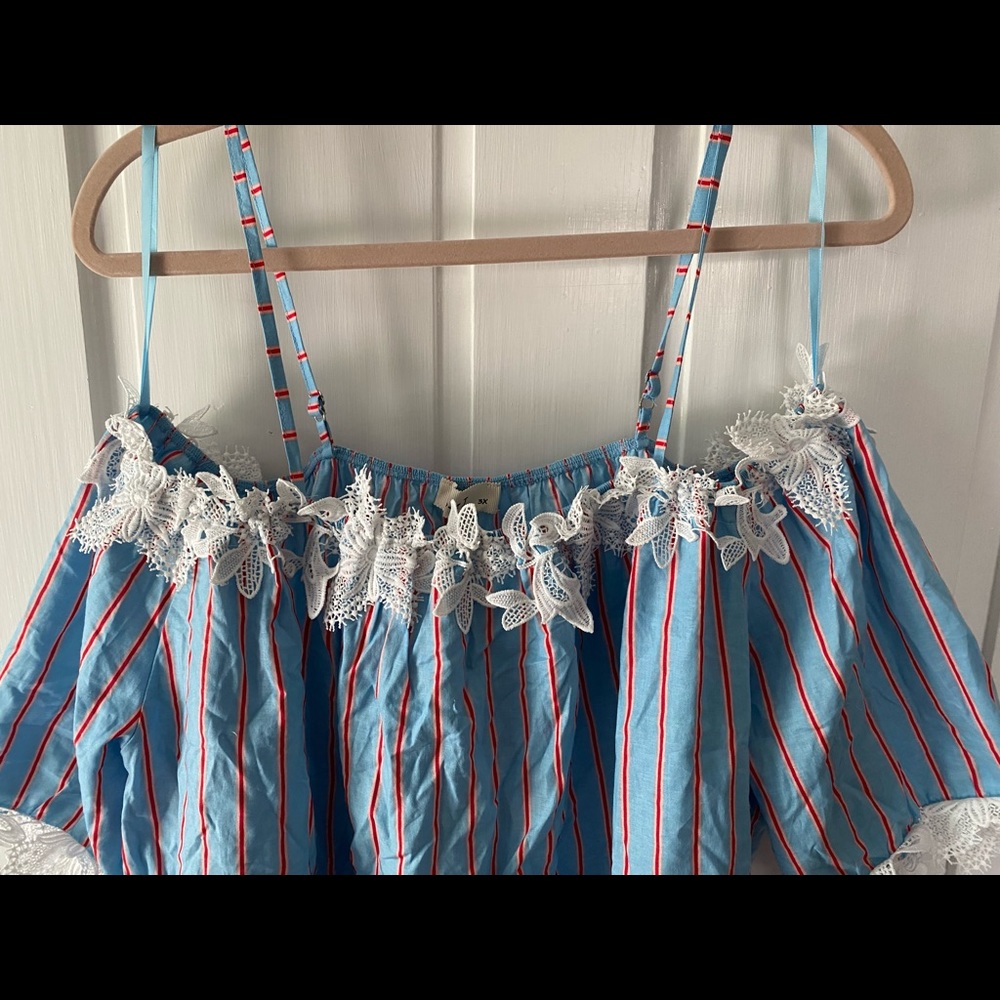 3X blue/red stripes, white lace off shoulder dress